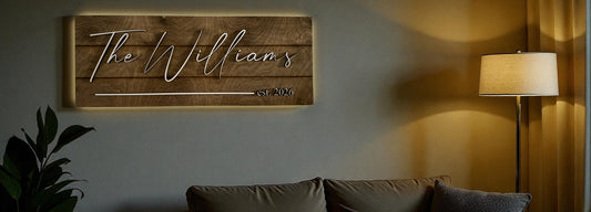 Custom Back-Lit Family Name Sign – ¼" Maple Wood, Dark Walnut Stain, White Overlay Text