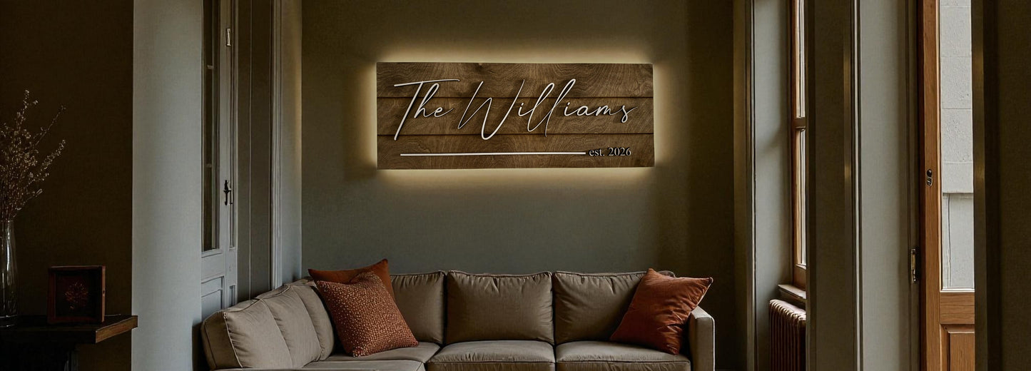 Custom Back-Lit Family Name Sign – ¼" Maple Wood, Dark Walnut Stain, White Overlay Text