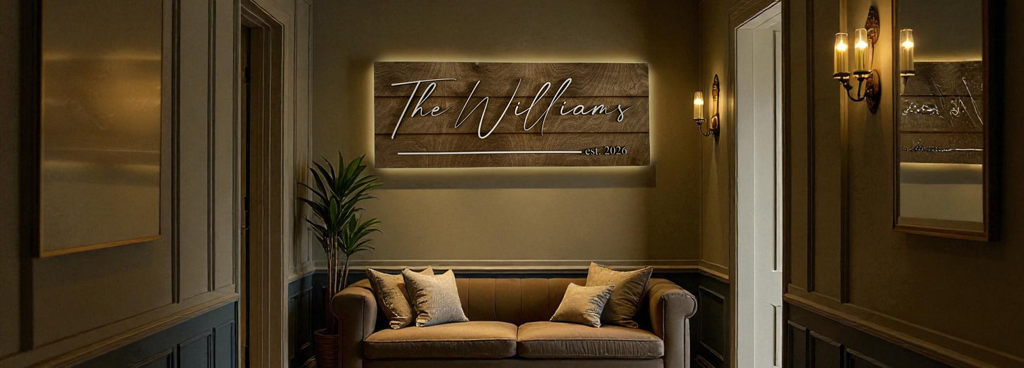 Custom Back-Lit Family Name Sign – ¼" Maple Wood, Dark Walnut Stain, White Overlay Text