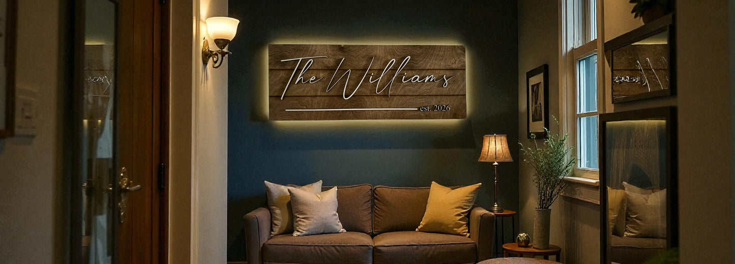 Custom Back-Lit Family Name Sign – ¼" Maple Wood, Dark Walnut Stain, White Overlay Text
