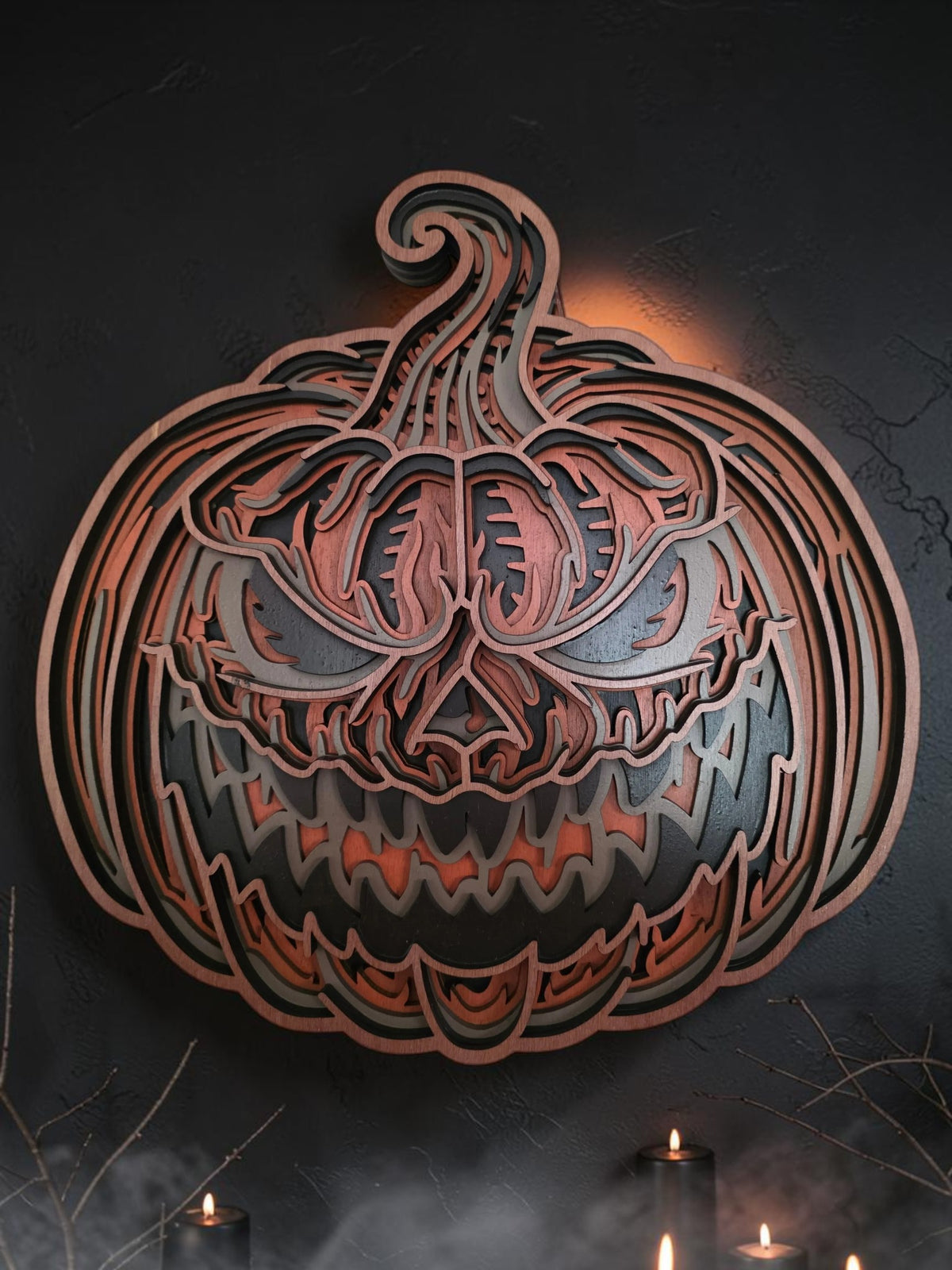 Sinister layered wooden jack-o-lantern pumpkin Halloween wall art on dark spooky background