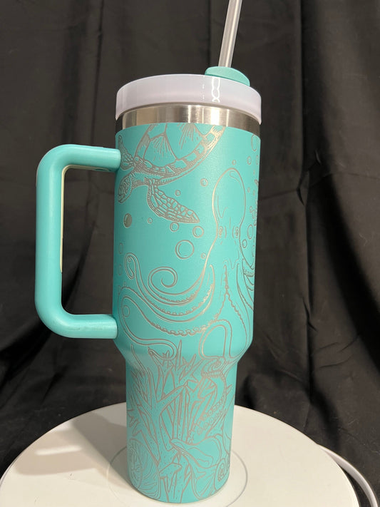Aquatic Underwater Scene Octopus Turtles Laser Engraved 40oz Teal Tumbler with Handle, FREE SHIPPING!