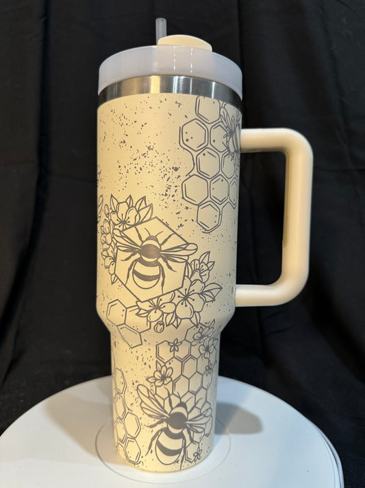 Bumblebee Honeycomb Distressed Laser Engraved 40oz Cream Tumbler with Handle, FREE SHIPPING!