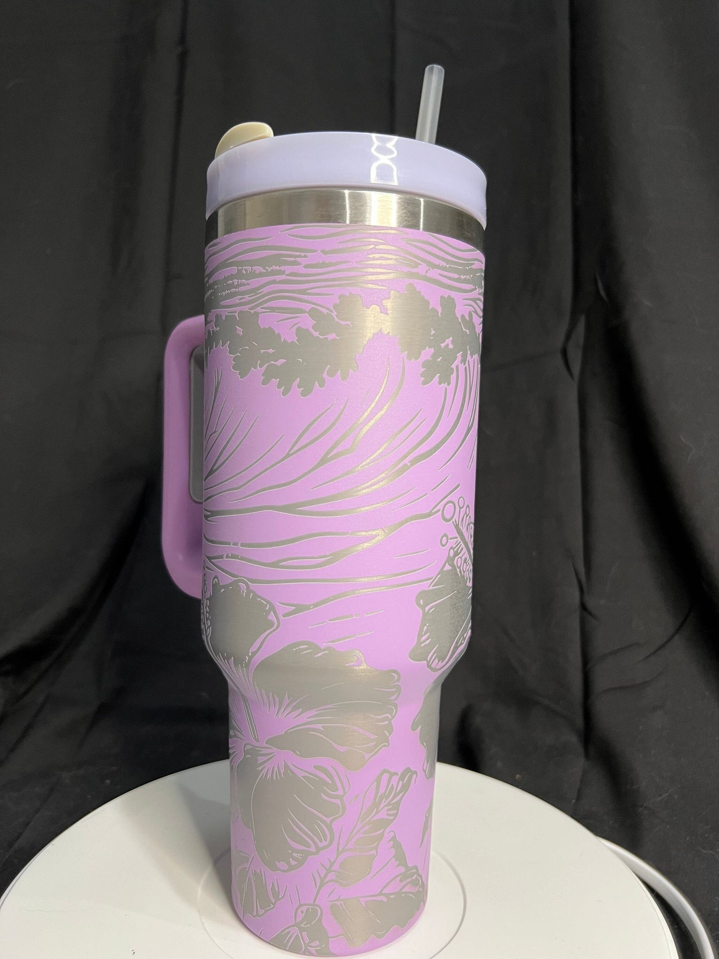 Waves and Flowers Laser Engraved 40oz Light Purple Tumbler with Handle, FREE SHIPPING!