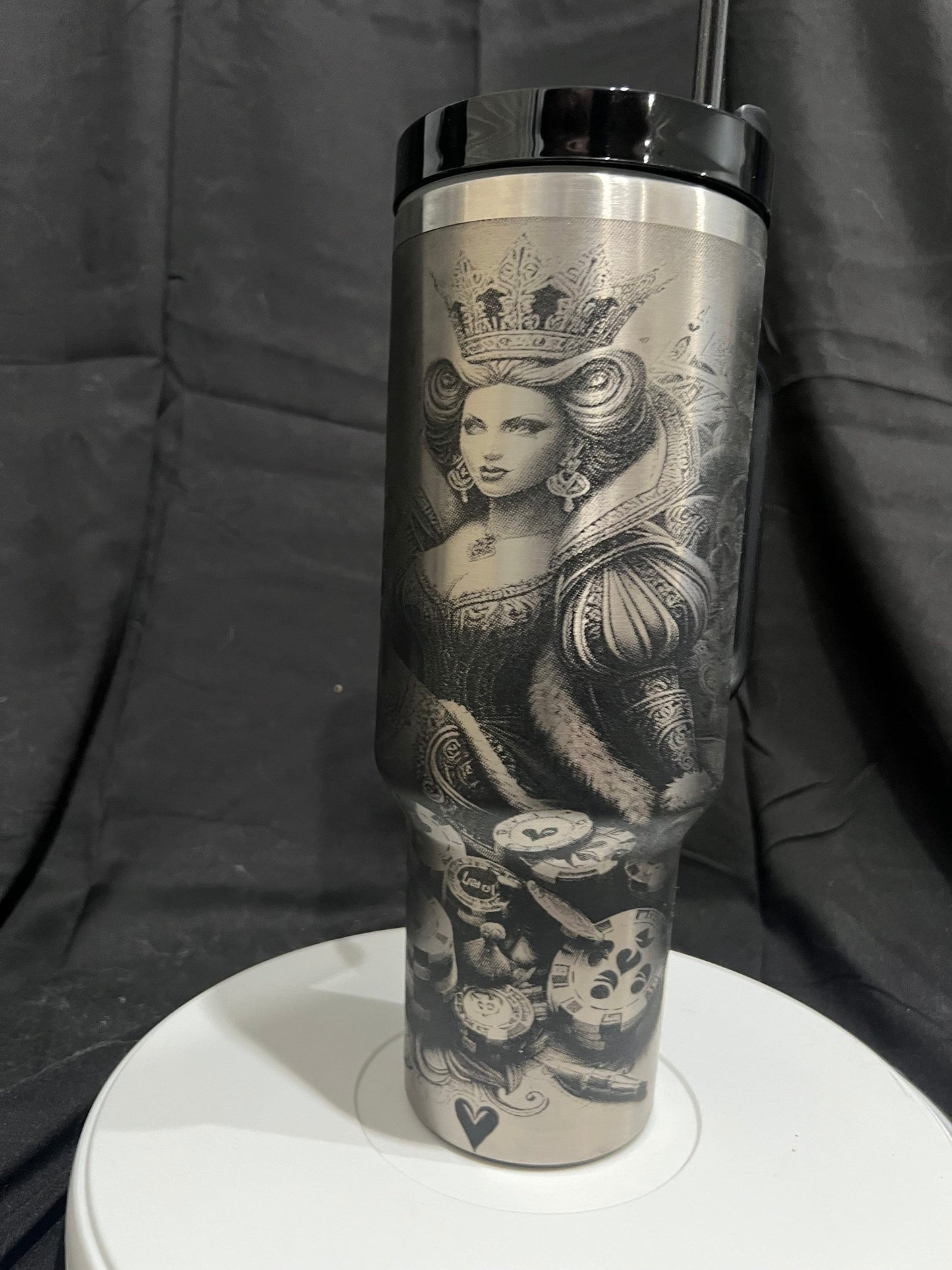 V2 Queen of Hearts Laser Engraved 40oz Black Tumbler with Handle, FREE SHIPPING!