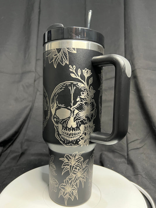 Skull and Roses Laser Engraved 40oz Black Tumbler with Handle, FREE SHIPPING!