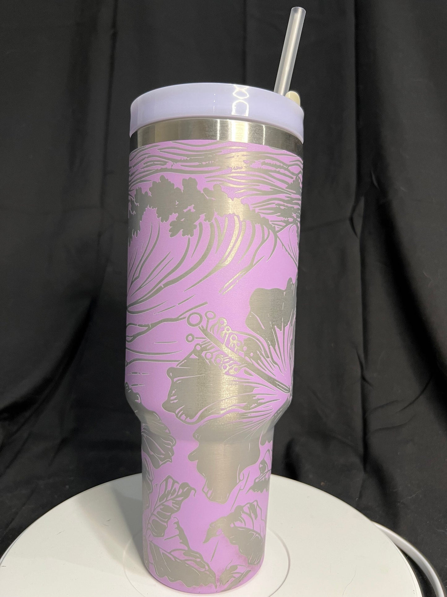 Waves and Flowers Laser Engraved 40oz Light Purple Tumbler with Handle, FREE SHIPPING!