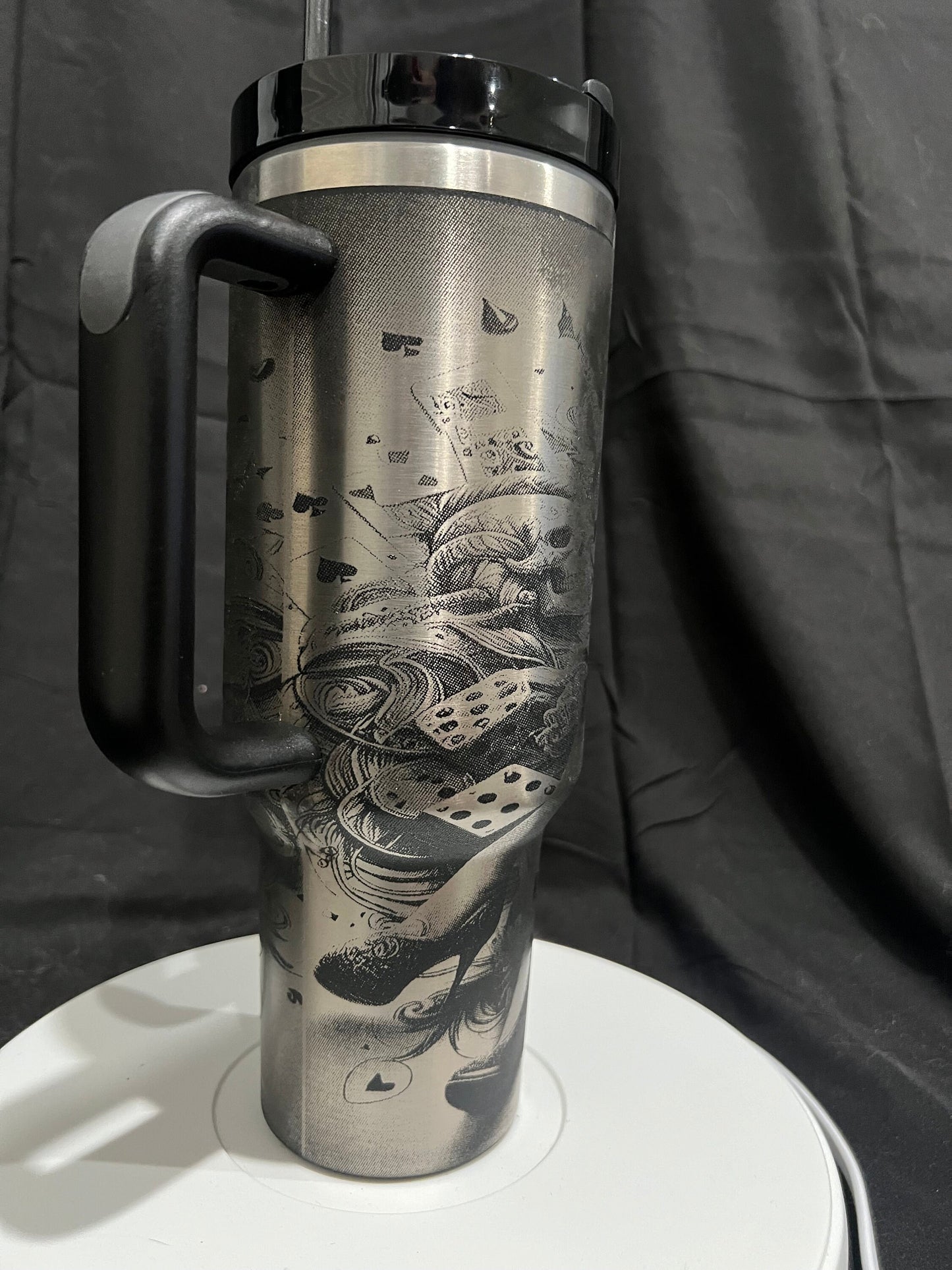 V2 Queen of Hearts Laser Engraved 40oz Black Tumbler with Handle, FREE SHIPPING!